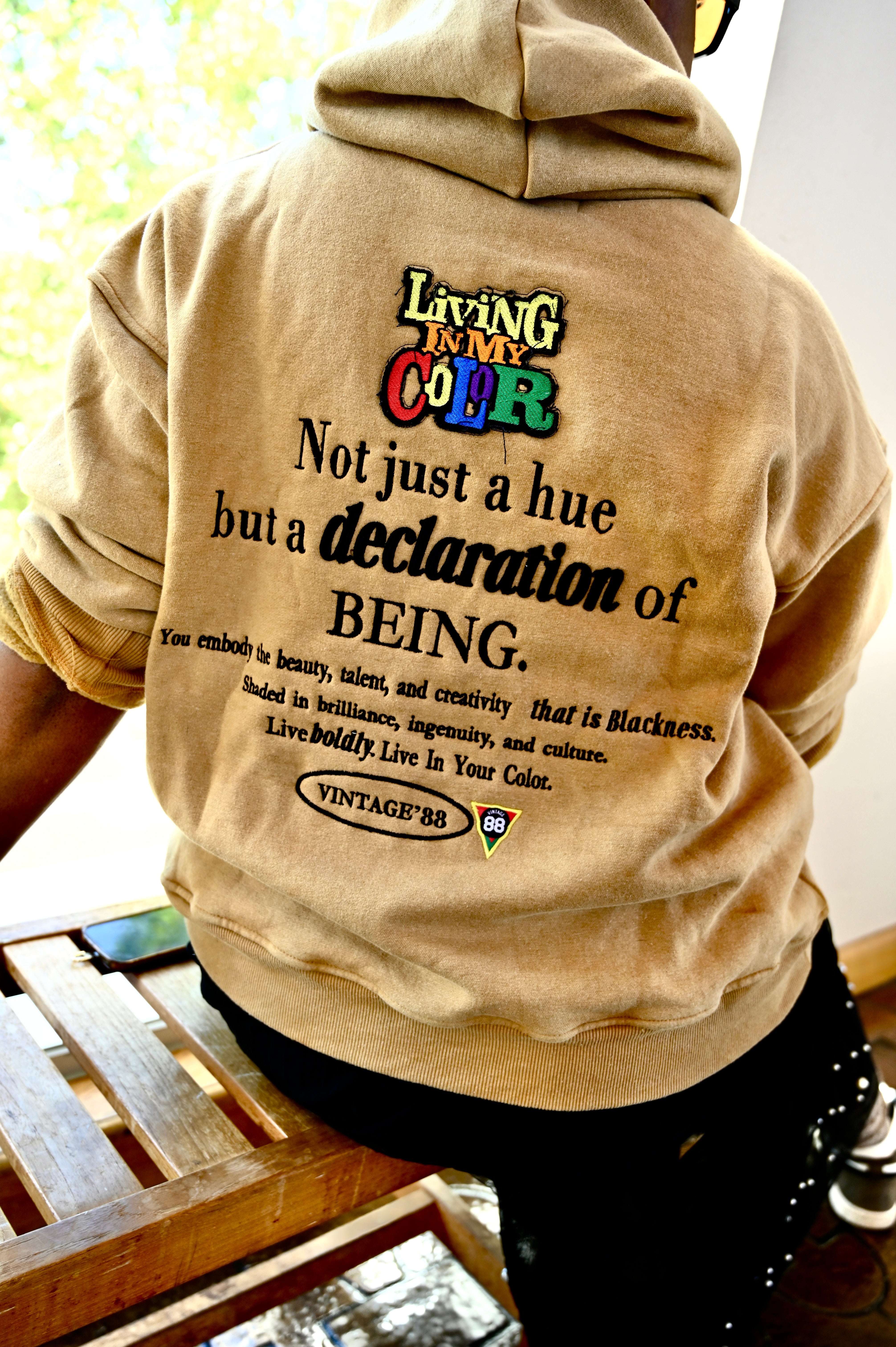 Beige tan hoodie with colorful text on the back, sitting on a wooden chair.